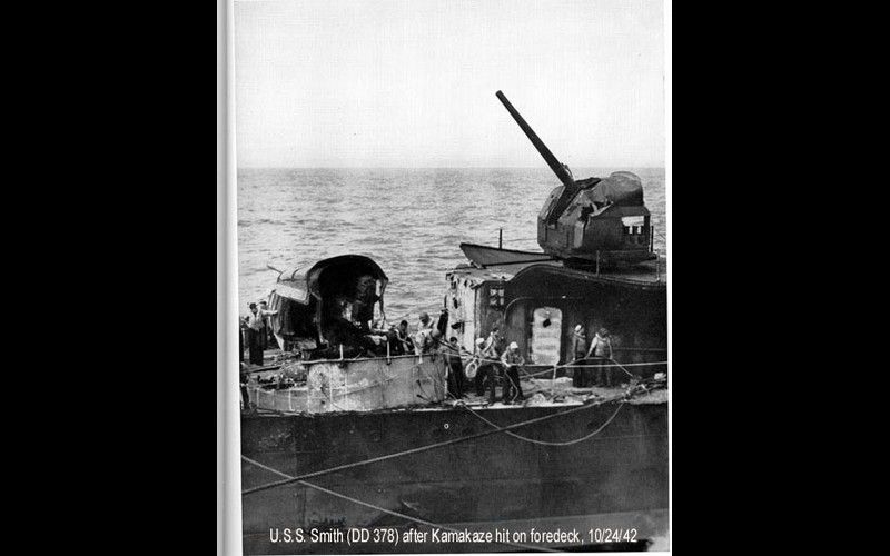 Destroyer USS Smith (DD 378) after the Battle of the St. Cruz Islands. Note damage after Japanese divebomber crashed on foredeck.