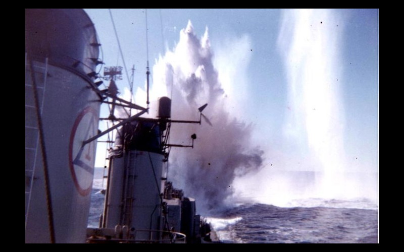 Depth charge launched from U.S.S. Tingey (DD 539)