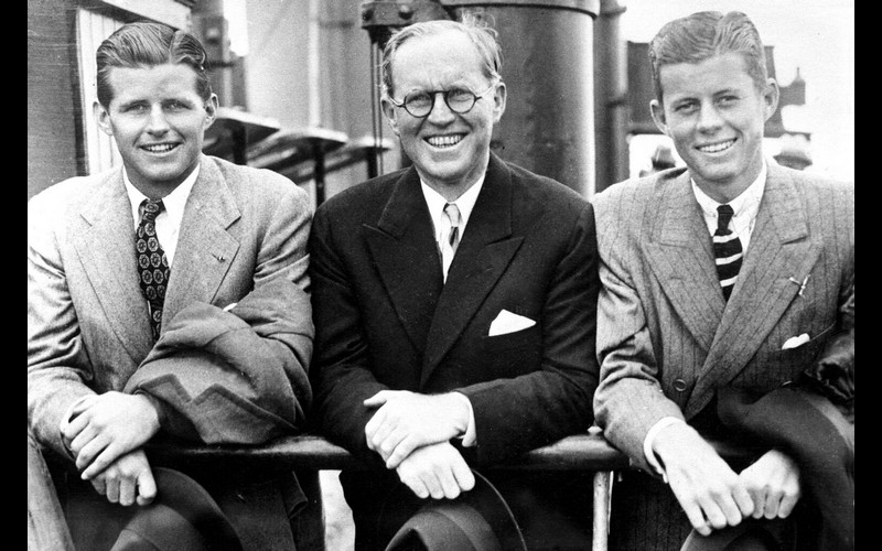 Joseph P. Kennedy Jr., Joseph P. Kennedy Sr., John F. Kennedy. Arrival at Southampton, England 02 July 1938. Photograph in the John Fitzgerald Kennedy Library, Boston.